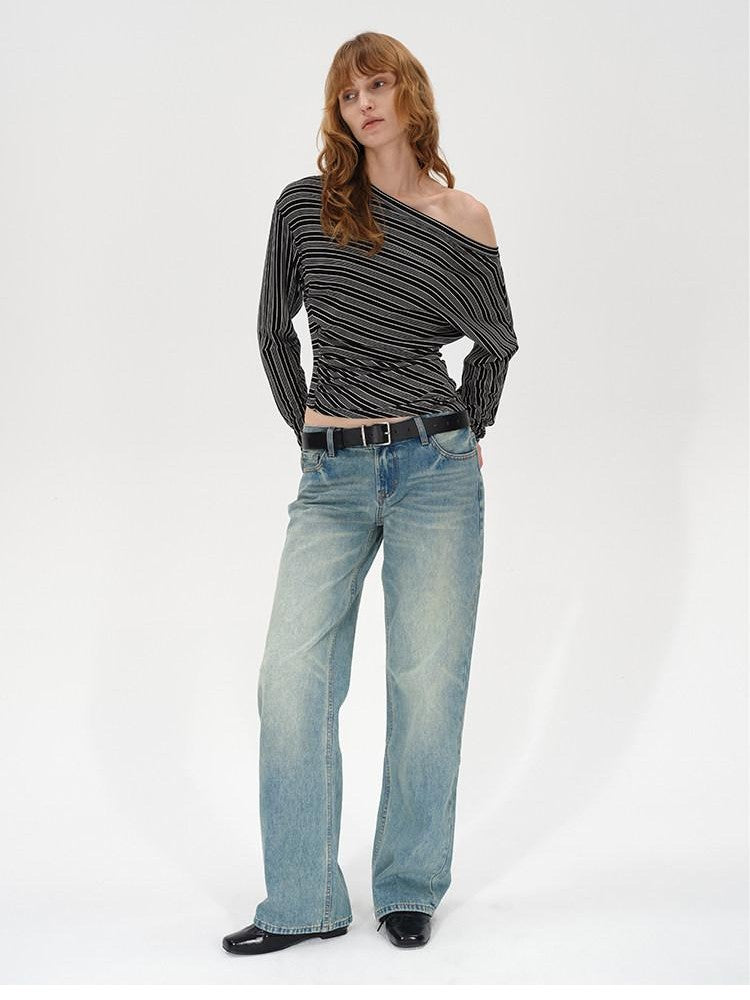 AFTADAWN Ruched Asymmetric Neck Striped Women&