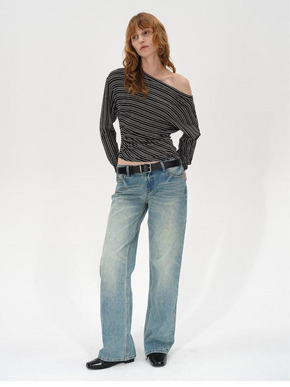 AFTADAWN Ruched Asymmetric Neck Striped Women&