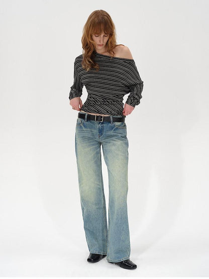 AFTADAWN Ruched Asymmetric Neck Striped Women&