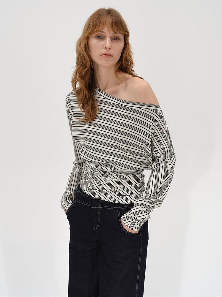 AFTADAWN Ruched Asymmetric Neck Striped Women&