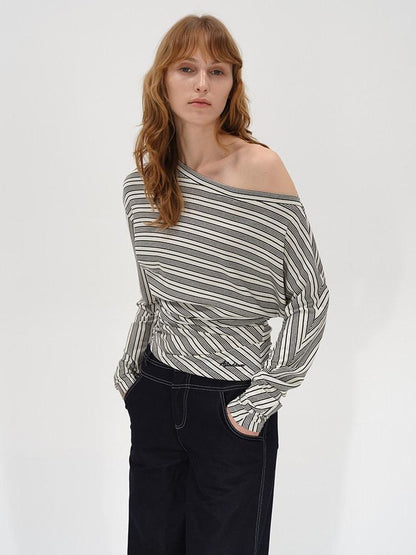AFTADAWN Ruched Asymmetric Neck Striped Women&