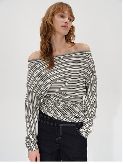 AFTADAWN Ruched Asymmetric Neck Striped Women&