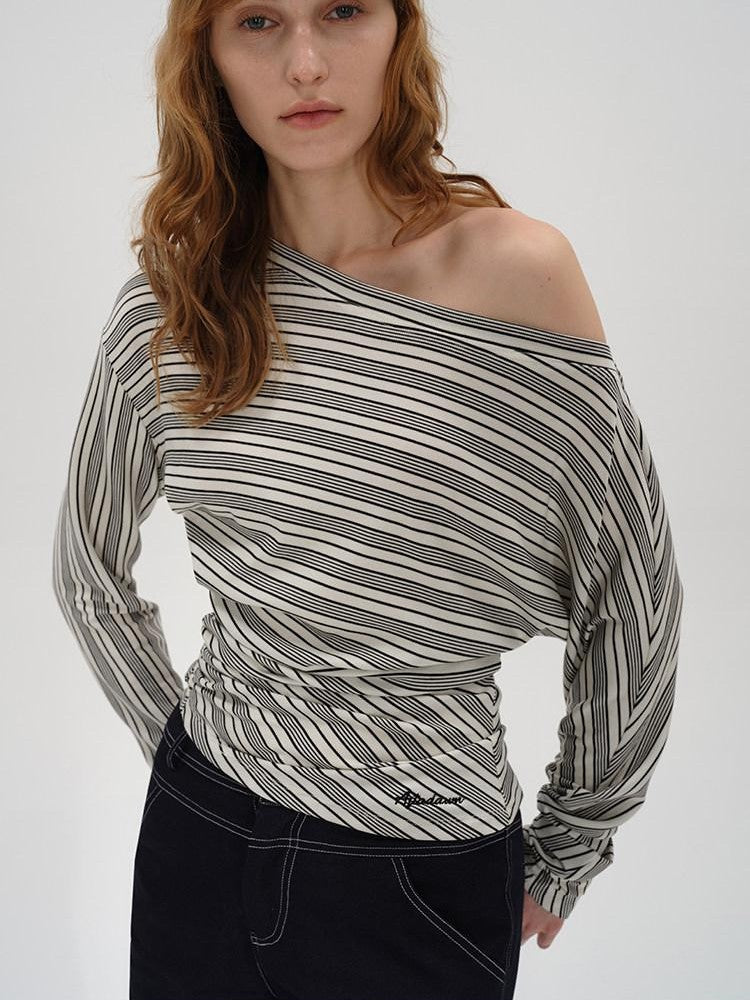 AFTADAWN Ruched Asymmetric Neck Striped Women&