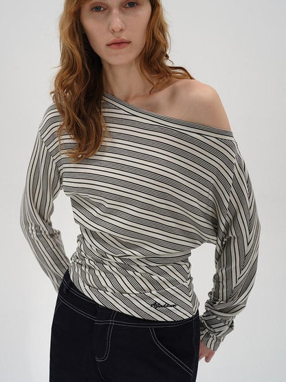 AFTADAWN Ruched Asymmetric Neck Striped Women&