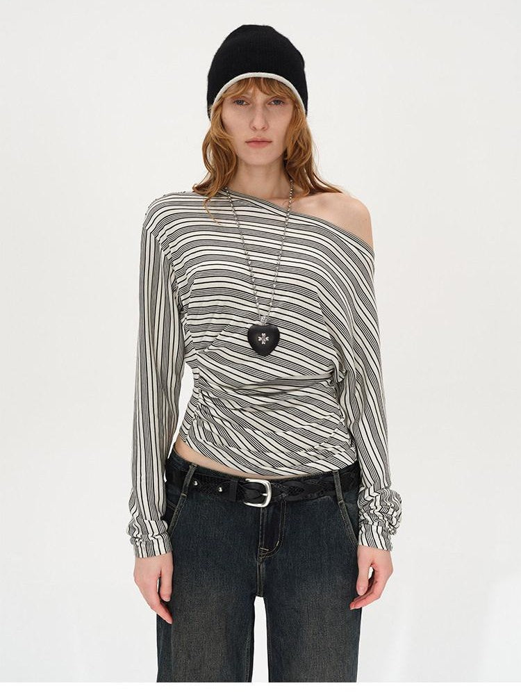 AFTADAWN Ruched Asymmetric Neck Striped Women&