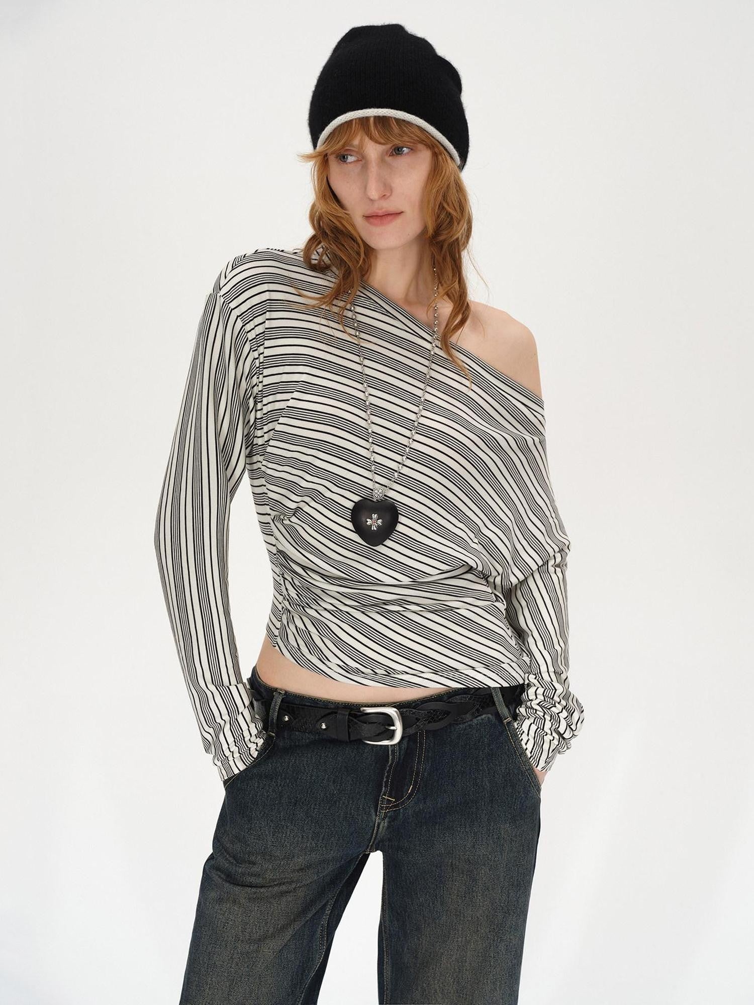AFTADAWN Ruched Asymmetric Neck Striped Women&