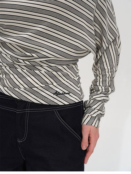 AFTADAWN Ruched Asymmetric Neck Striped Women&