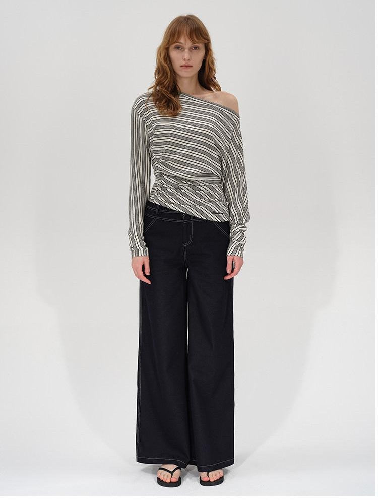 AFTADAWN Ruched Asymmetric Neck Striped Women&