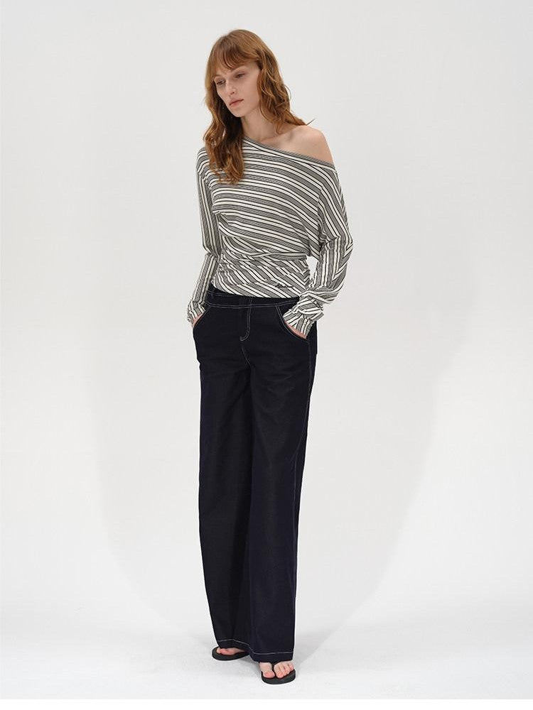 AFTADAWN Ruched Asymmetric Neck Striped Women&