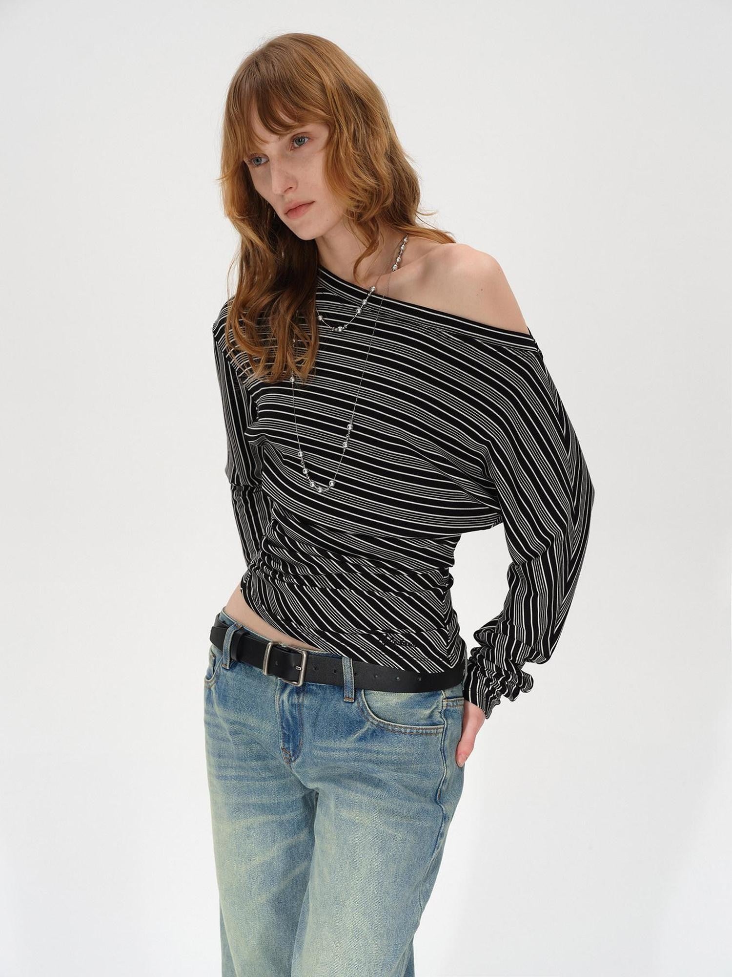 AFTADAWN Ruched Asymmetric Neck Striped Women&