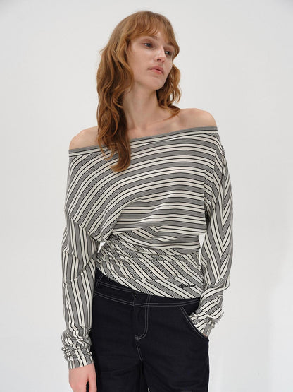 AFTADAWN Ruched Asymmetric Neck Striped Women&