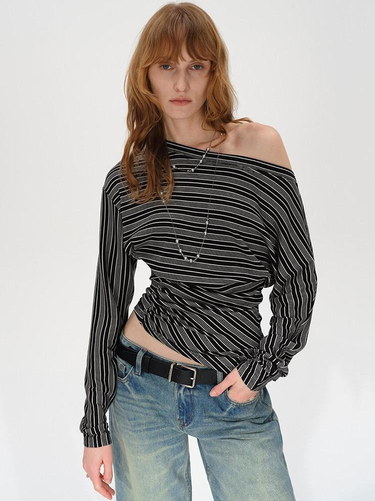AFTADAWN Ruched Asymmetric Neck Striped Women&