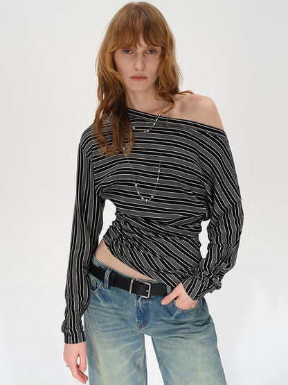 AFTADAWN Ruched Asymmetric Neck Striped Women&