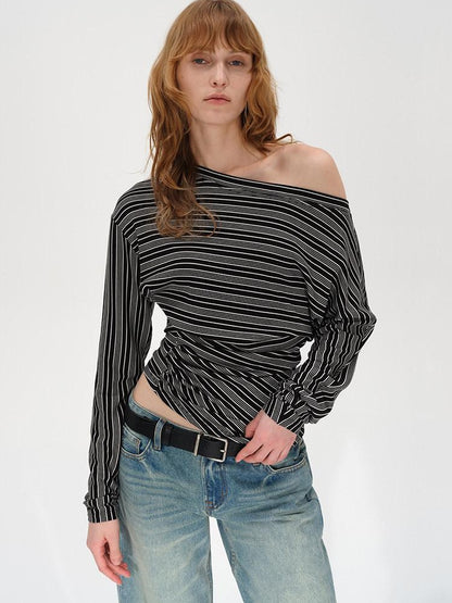 AFTADAWN Ruched Asymmetric Neck Striped Women&