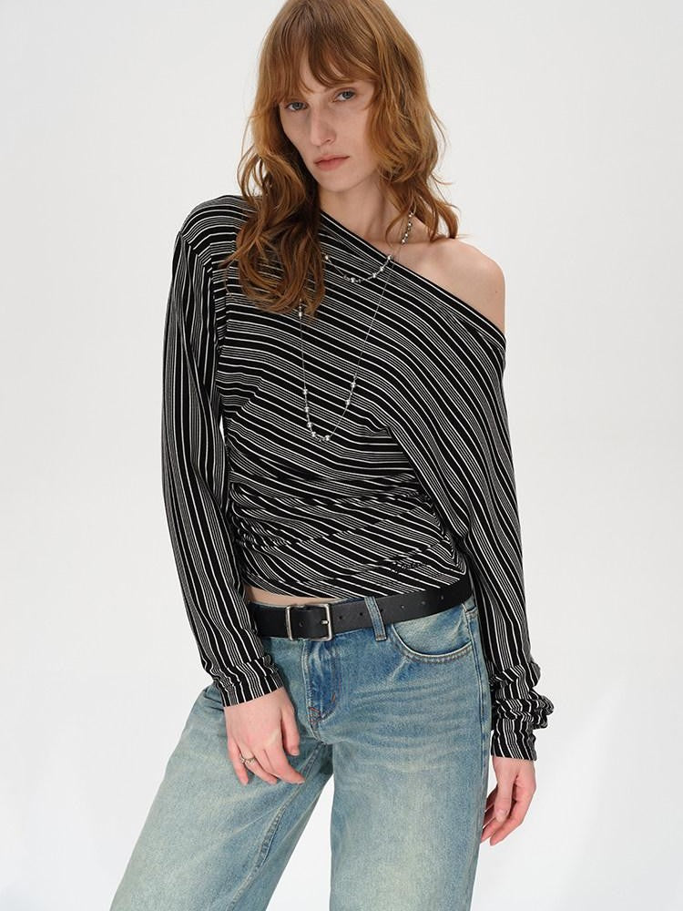 AFTADAWN Ruched Asymmetric Neck Striped Women&
