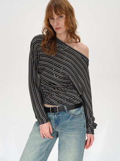 AFTADAWN Ruched Asymmetric Neck Striped Women&
