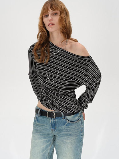 AFTADAWN Ruched Asymmetric Neck Striped Women&