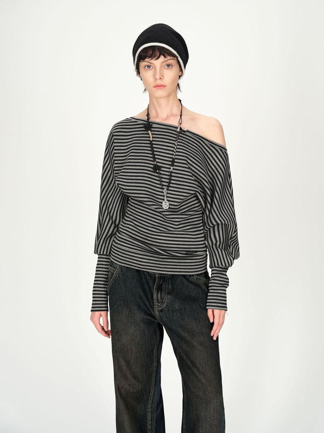 AFTADAWN Ruched Asymmetric Shoulder Striped Embroidered Women&