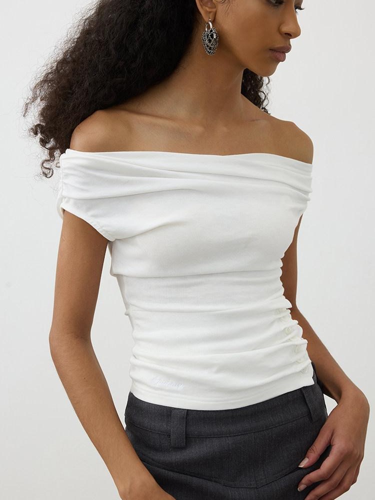 AFTADAWN Ruched Asymmetric Slanted Neck Women&