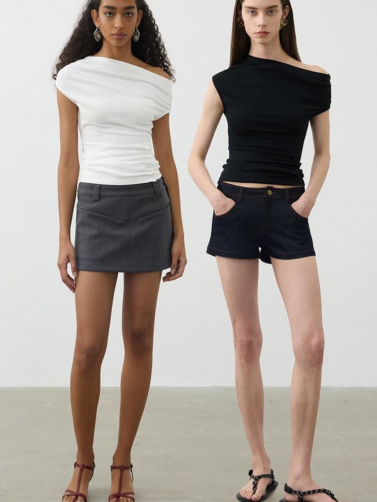 AFTADAWN Ruched Asymmetric Slanted Neck Women&