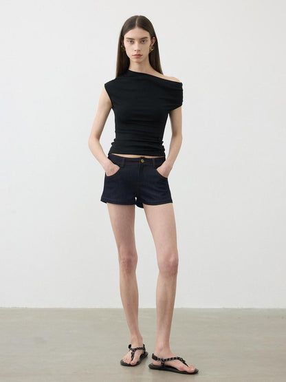 AFTADAWN Ruched Asymmetric Slanted Neck Women&