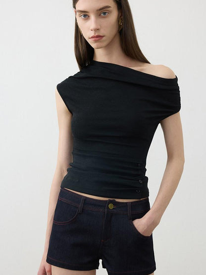 AFTADAWN Ruched Asymmetric Slanted Neck Women&