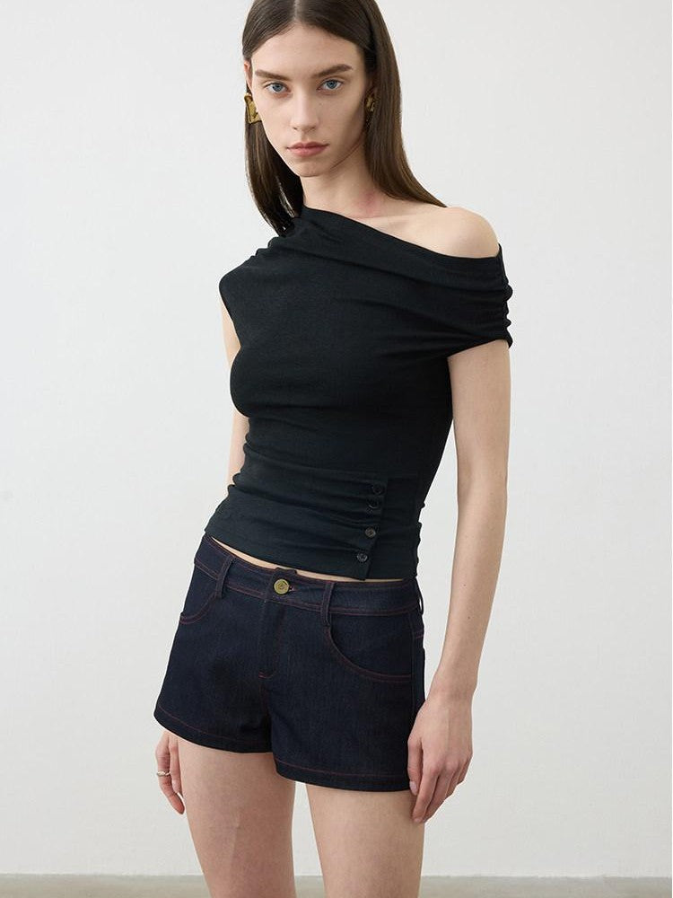 AFTADAWN Ruched Asymmetric Slanted Neck Women&