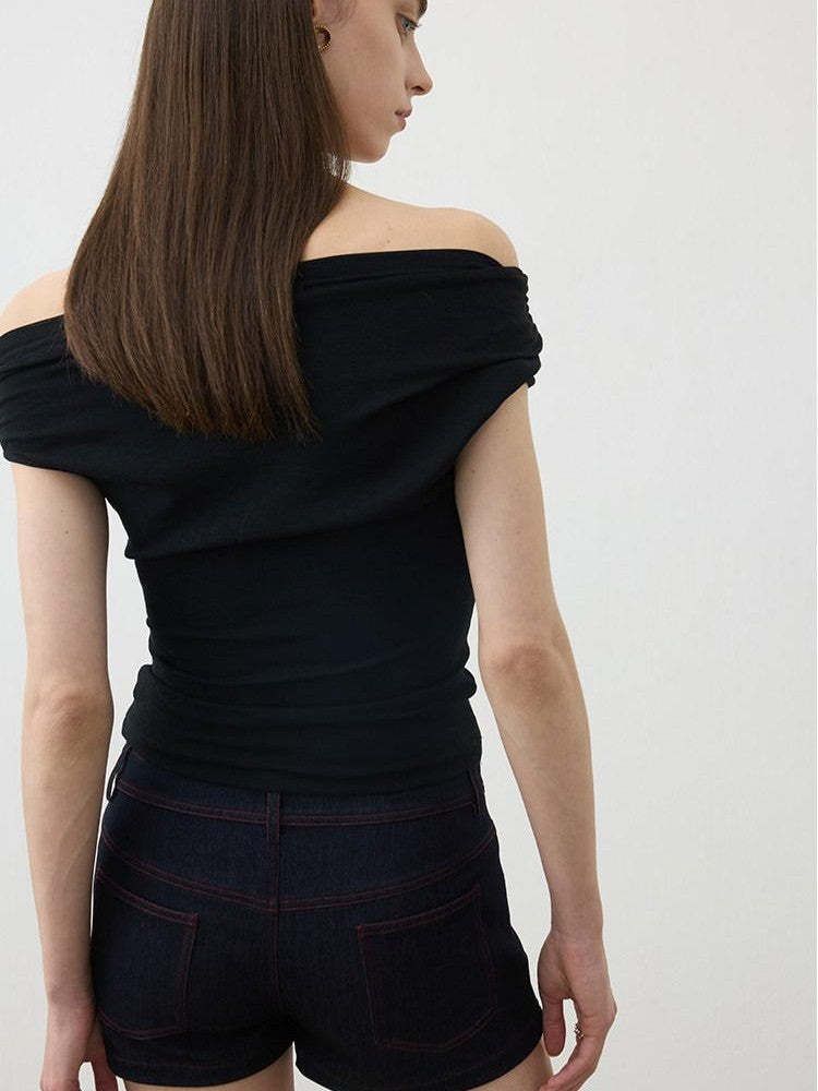 AFTADAWN Ruched Asymmetric Slanted Neck Women&