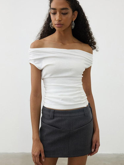 AFTADAWN Ruched Asymmetric Slanted Neck Women&