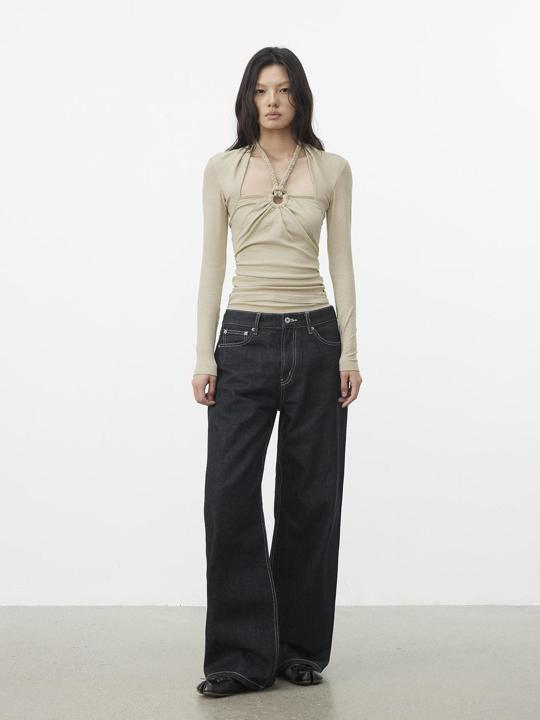 AFTADAWN Ruched Faux Layered Lace Up Square Neck Modal Women&