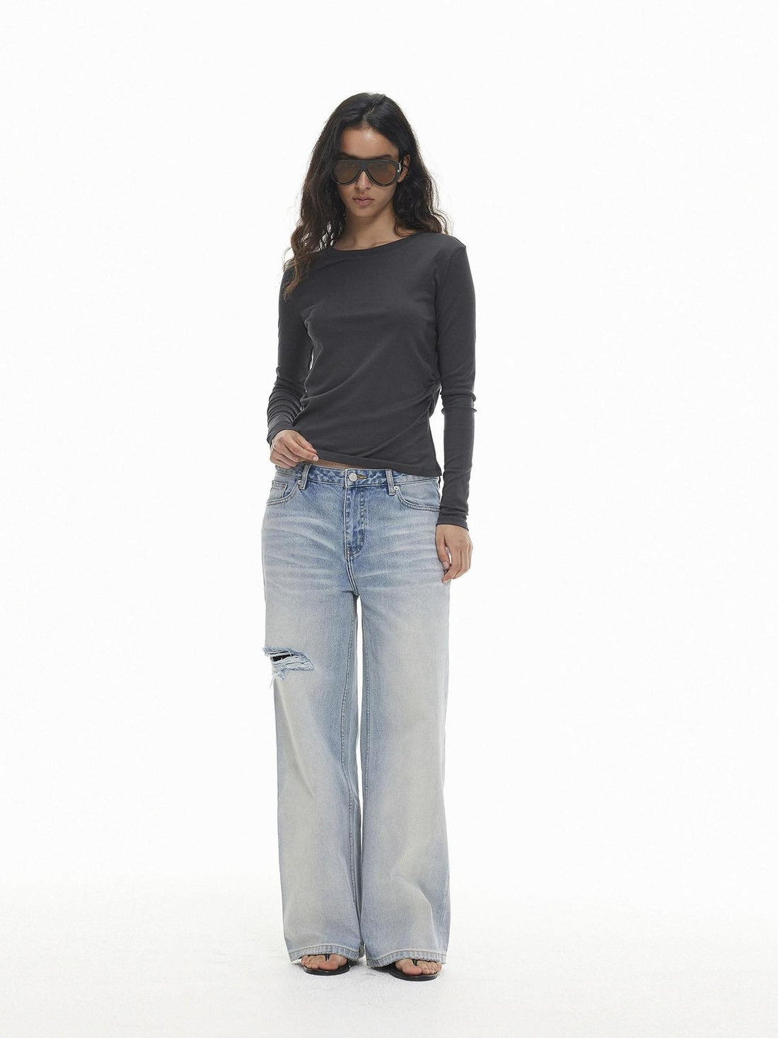 AFTADAWN Ruched Fitted Solid Crew Neck Wool Blend Women&