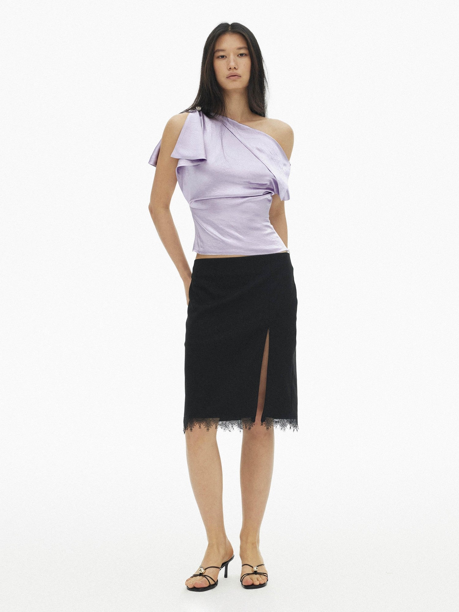 AFTADAWN Satin Asymmetric One Sleeve Button Waist Women&