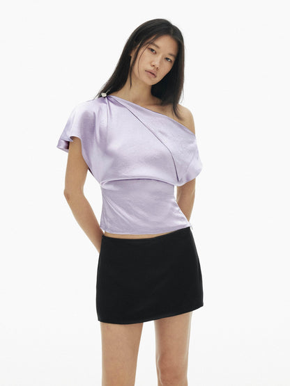 AFTADAWN Satin Asymmetric One Sleeve Button Waist Women&
