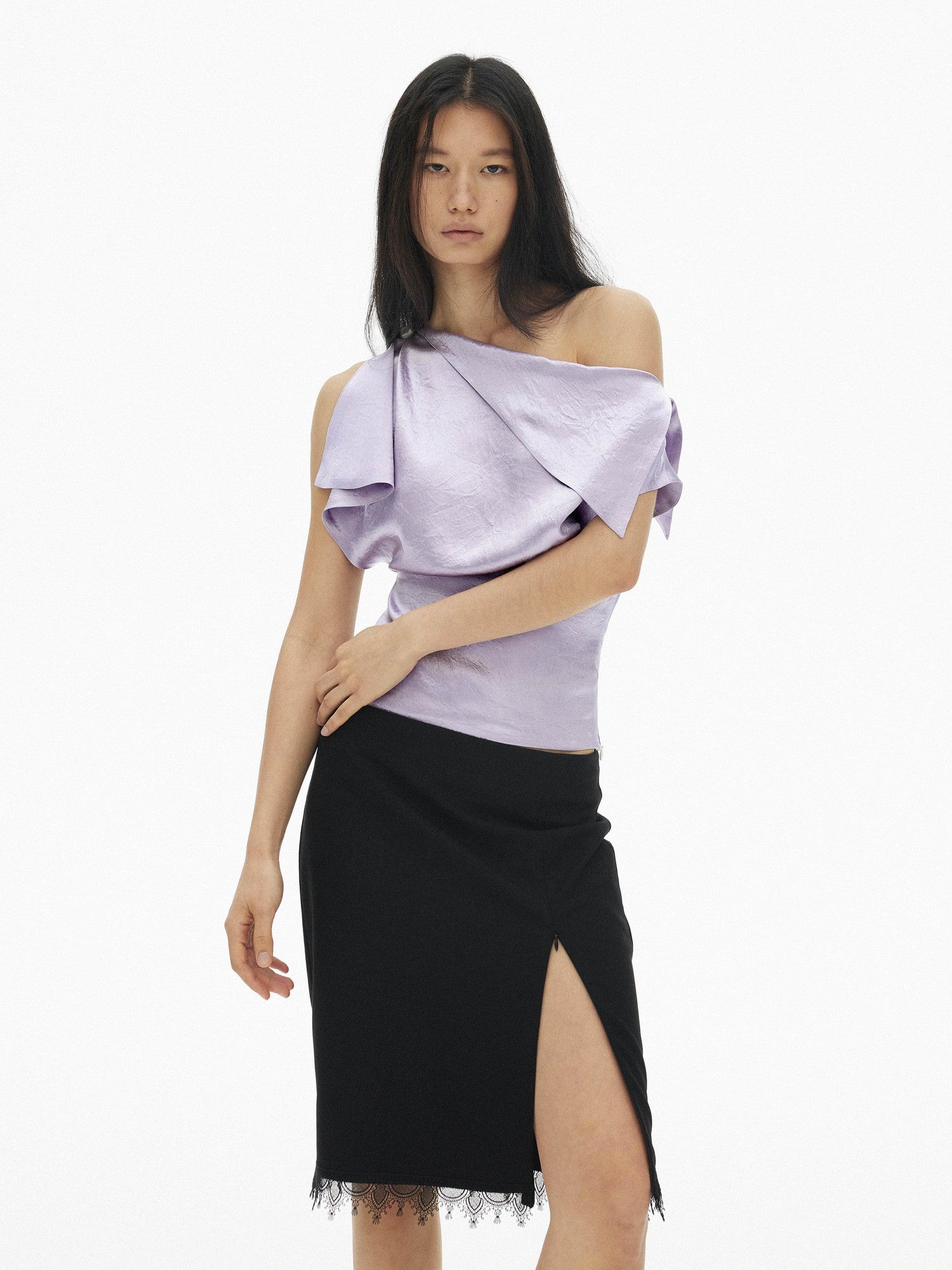 AFTADAWN Satin Asymmetric One Sleeve Button Waist Women&