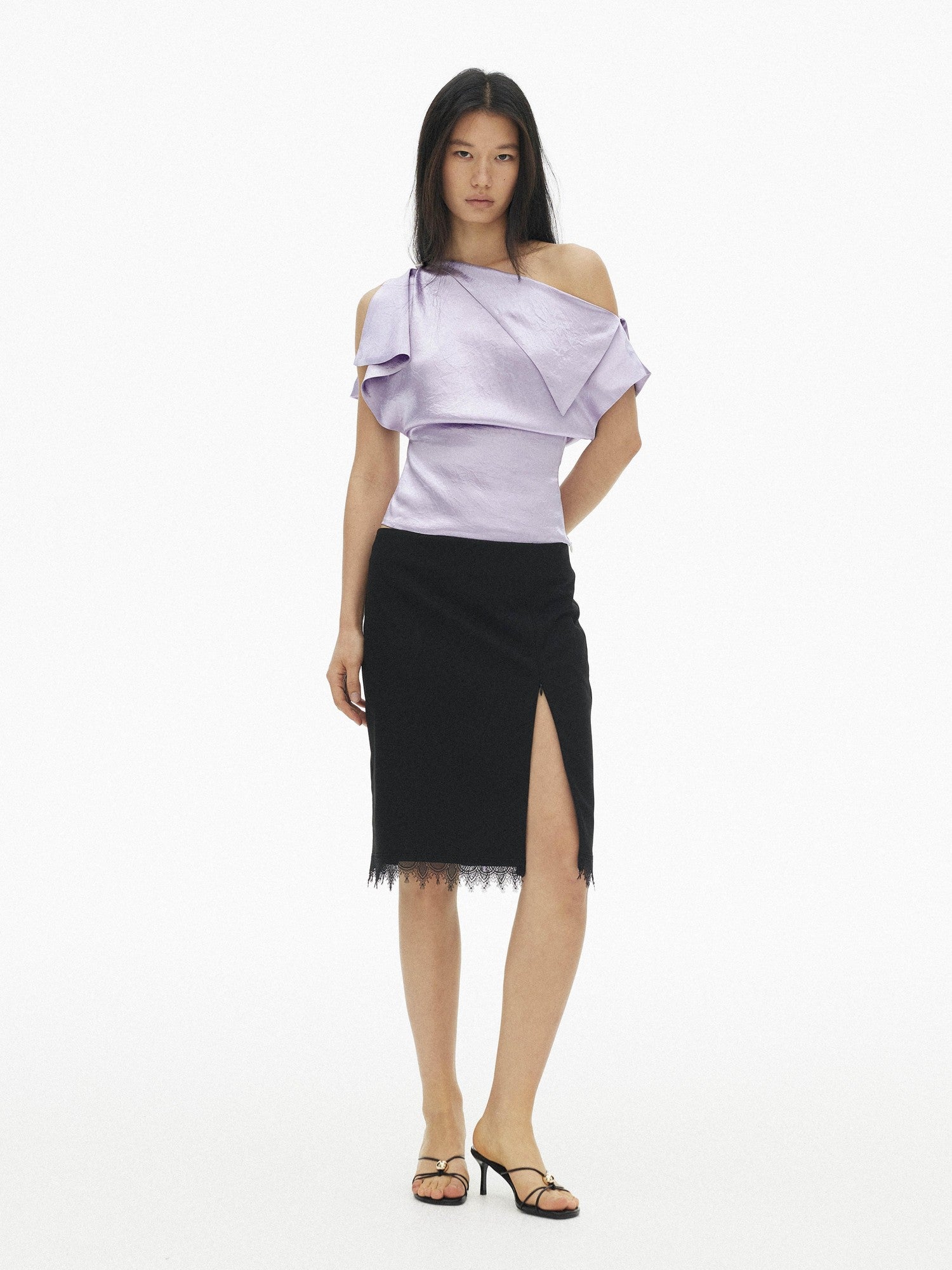 AFTADAWN Satin Asymmetric One Sleeve Button Waist Women&