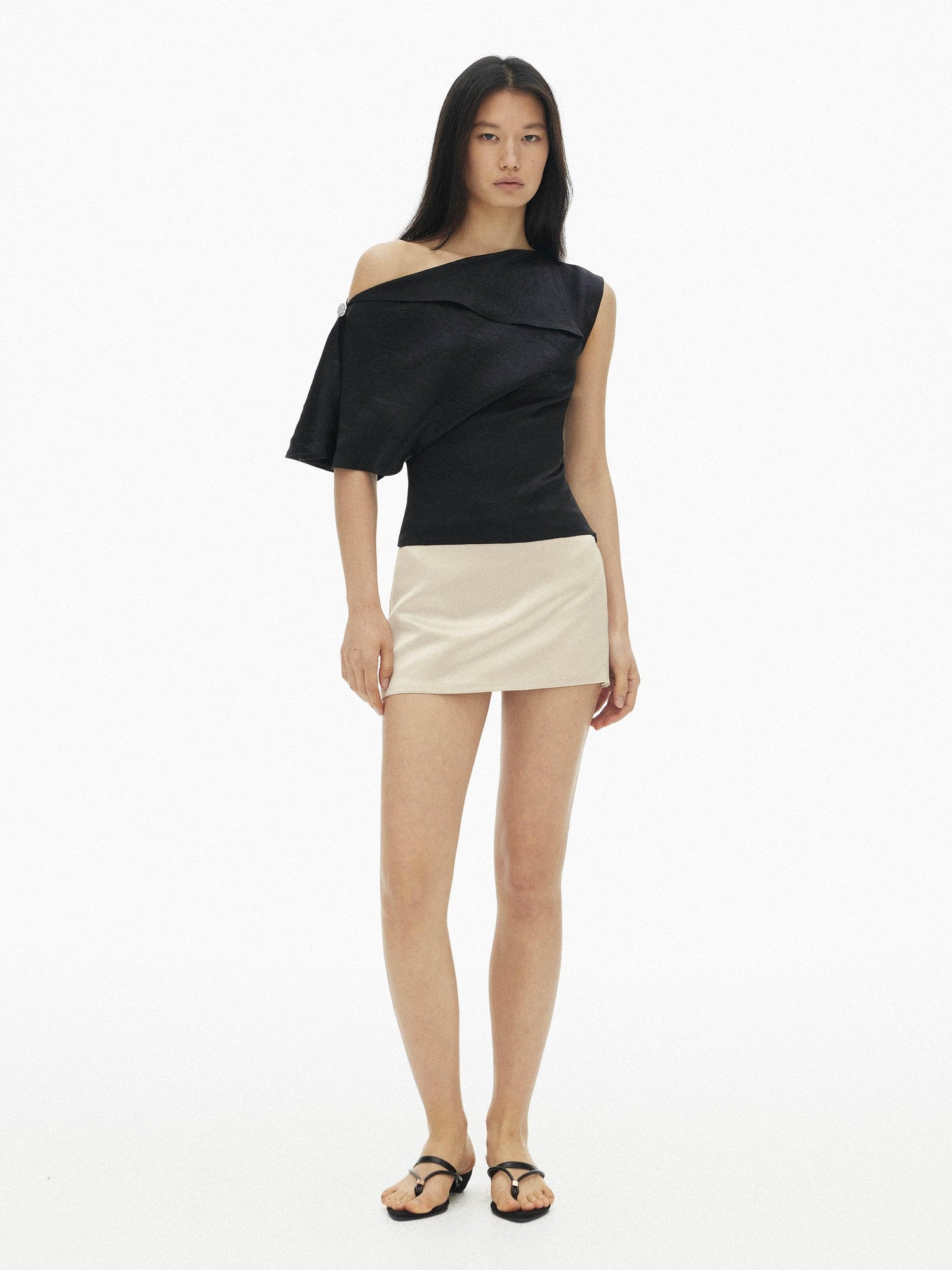 AFTADAWN Satin Asymmetric One Sleeve Button Waist Women&