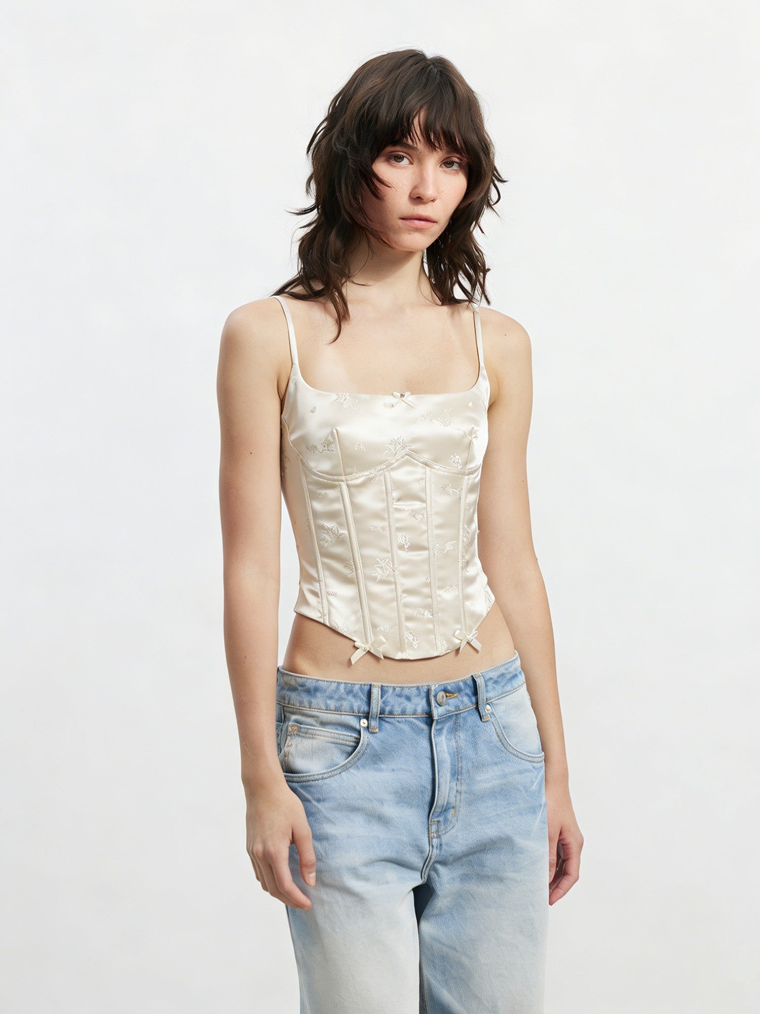 AFTADAWN Satin Embroidered Boned Waist Asymmetric Floral Women&