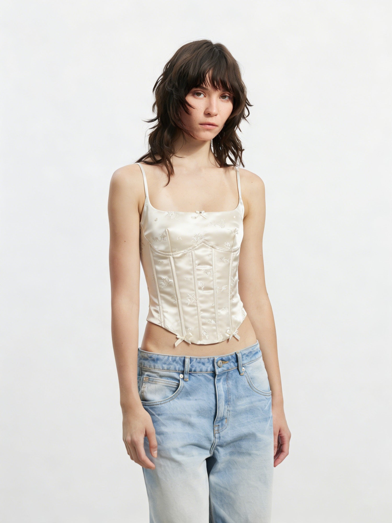 AFTADAWN Satin Embroidered Boned Waist Asymmetric Floral Women&