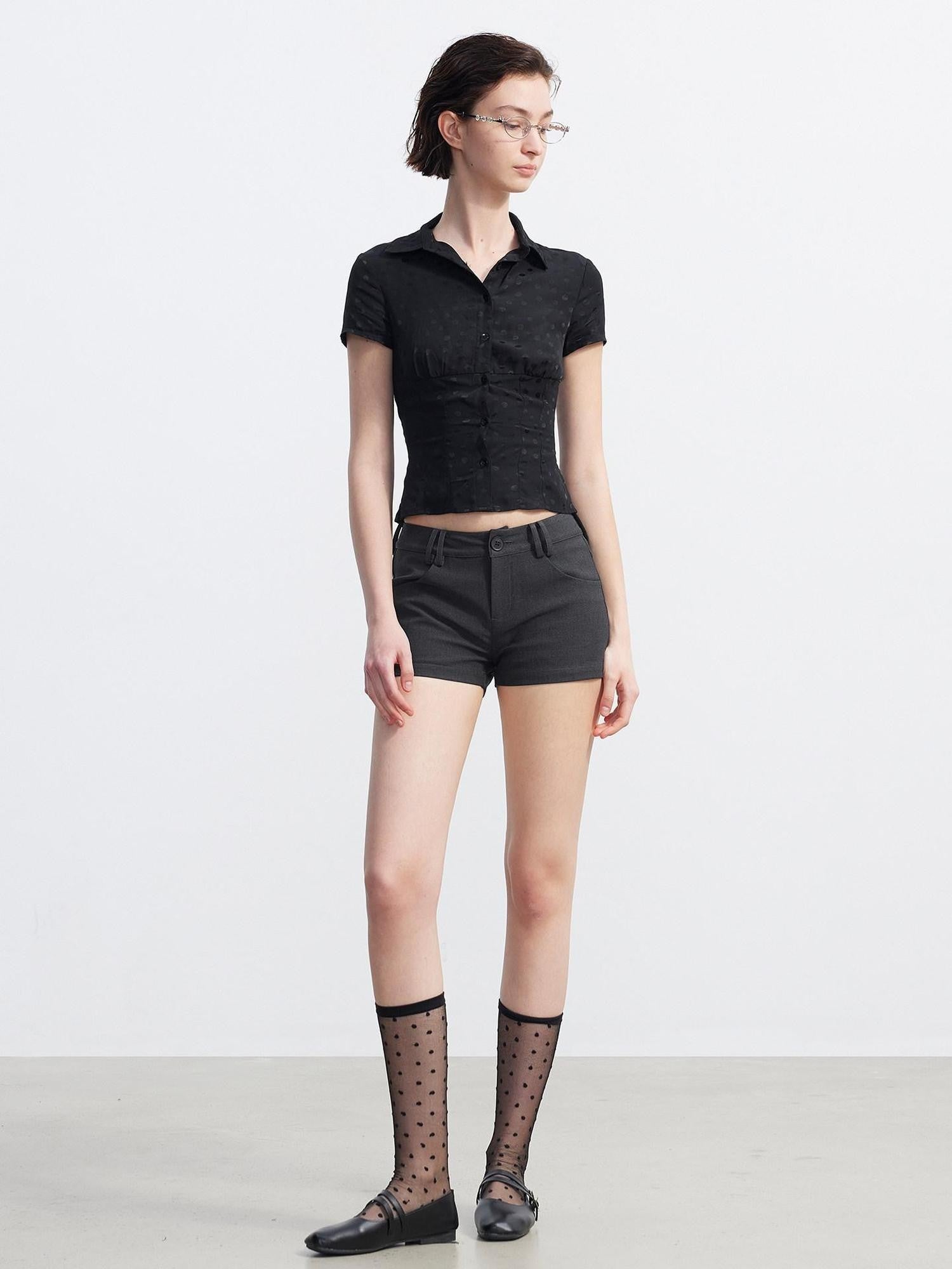 AFTADAWN Satin Sheen Polka Dot Ruched Collar Waist Cinch Women&