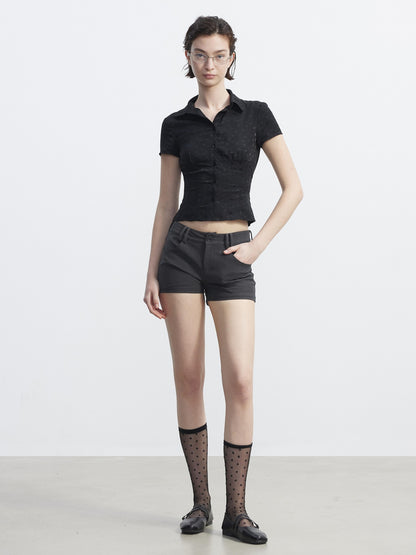 AFTADAWN Satin Sheen Polka Dot Ruched Collar Waist Cinch Women&