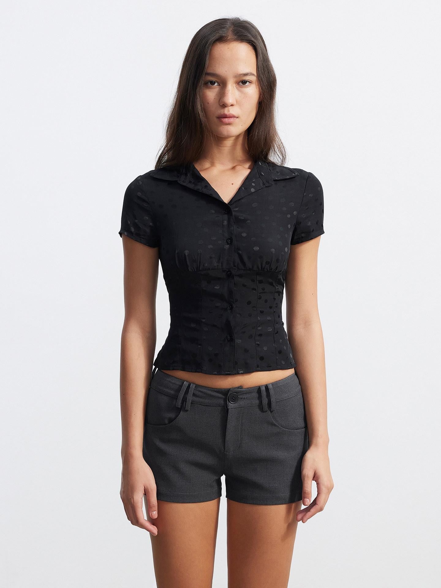 AFTADAWN Satin Sheen Polka Dot Ruched Collar Waist Cinch Women&