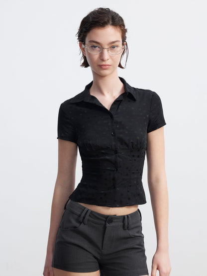 AFTADAWN Satin Sheen Polka Dot Ruched Collar Waist Cinch Women&