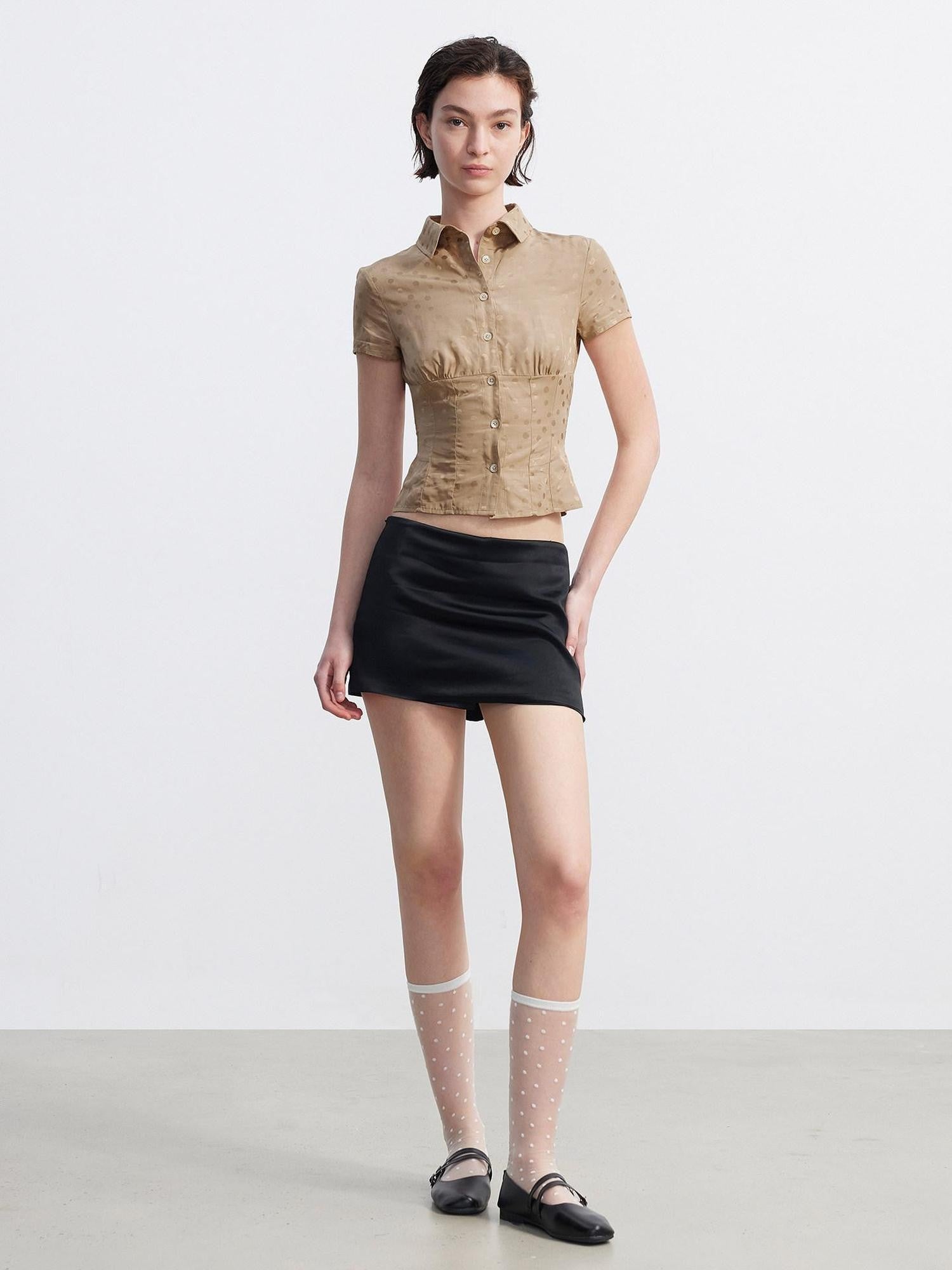 AFTADAWN Satin Sheen Polka Dot Ruched Collar Waist Cinch Women&