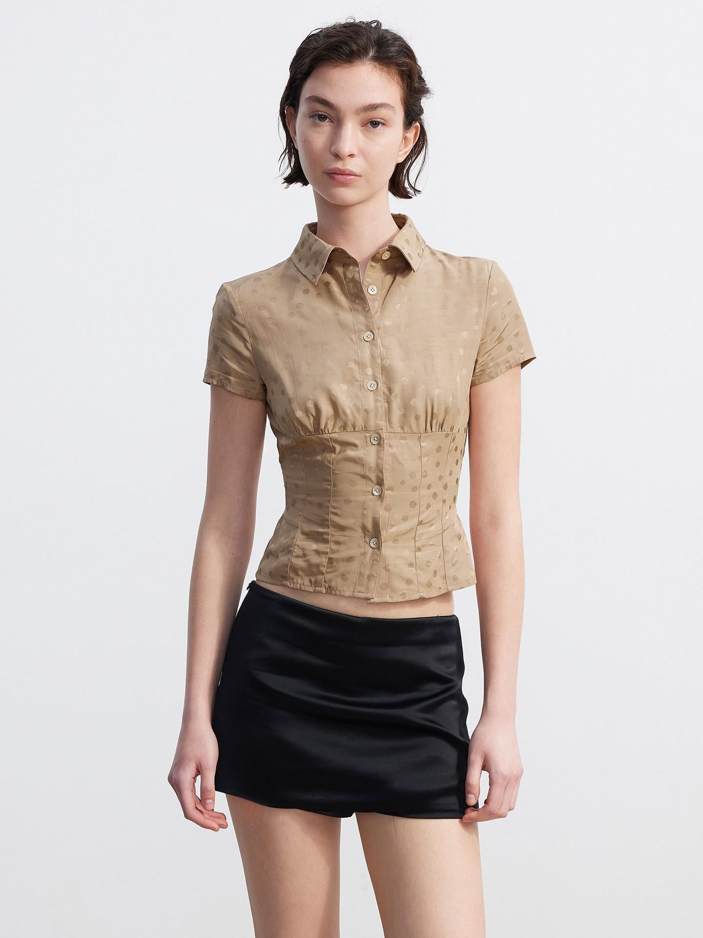 AFTADAWN Satin Sheen Polka Dot Ruched Collar Waist Cinch Women&