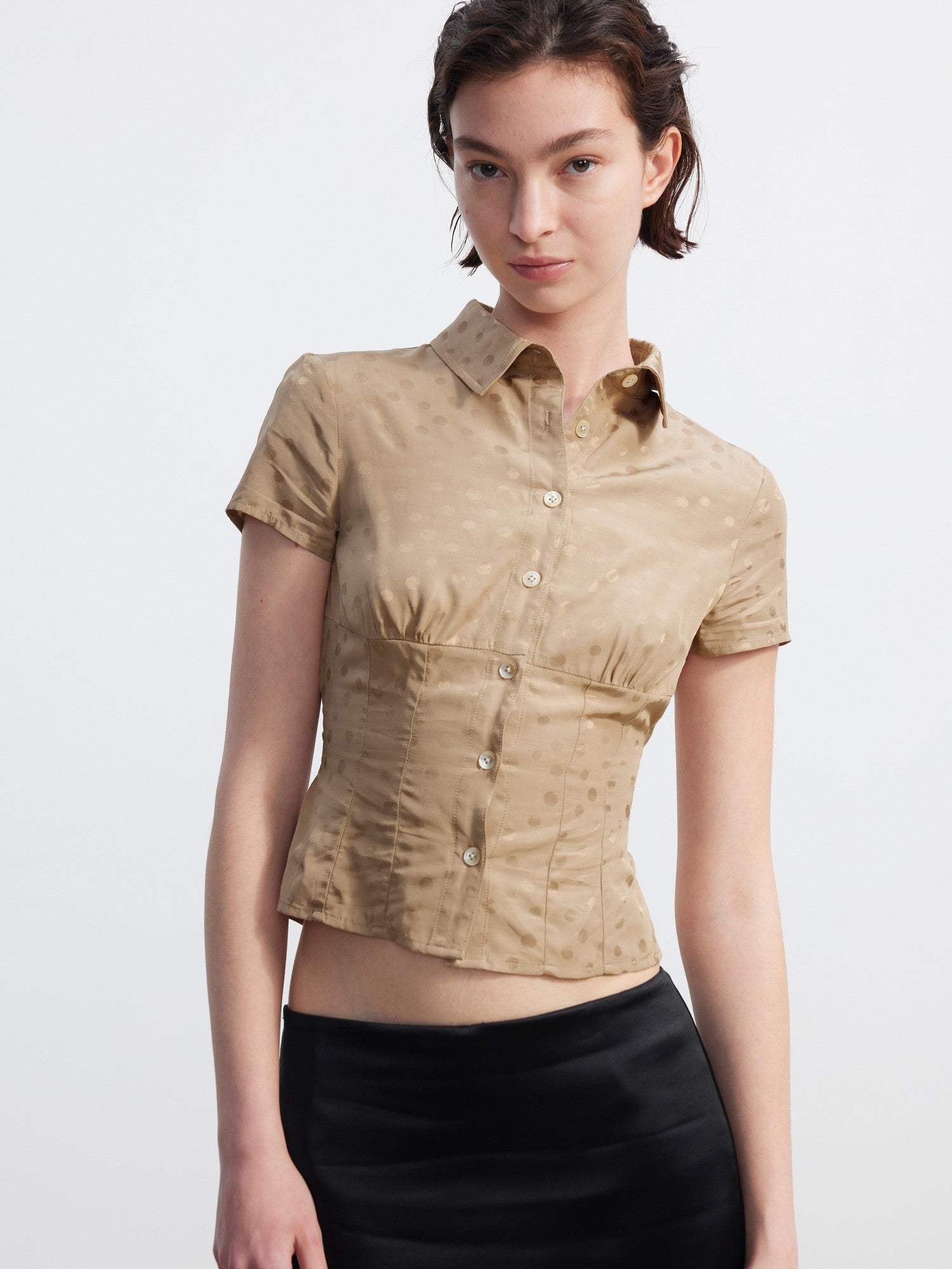 AFTADAWN Satin Sheen Polka Dot Ruched Collar Waist Cinch Women&