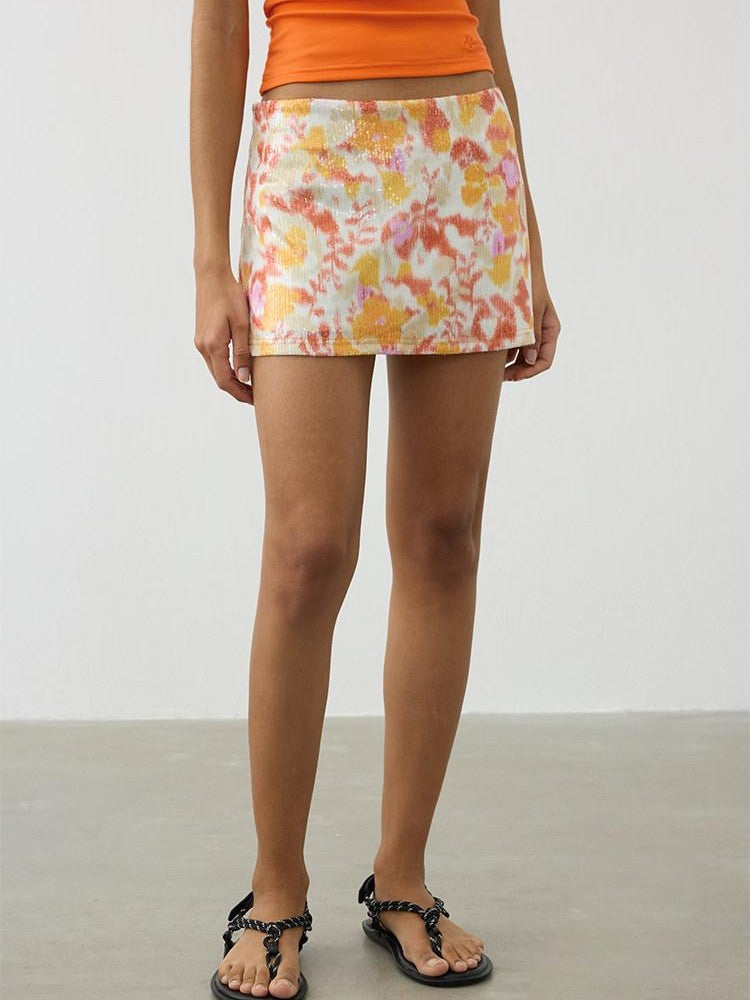 AFTADAWN Sequin Floral Print Low Waist A Line Women&