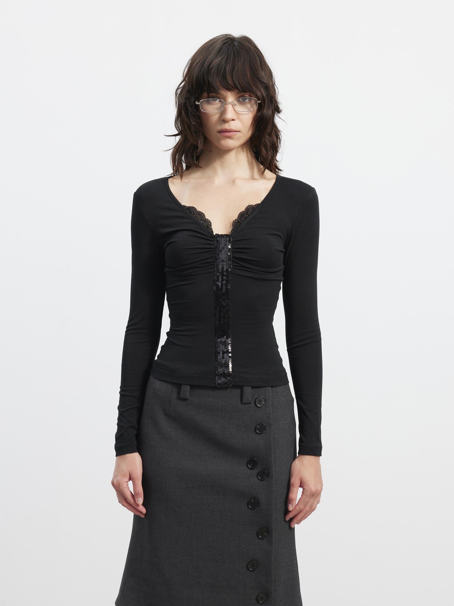 AFTADAWN Sequin Lace Ruched Deep V Slim Women&