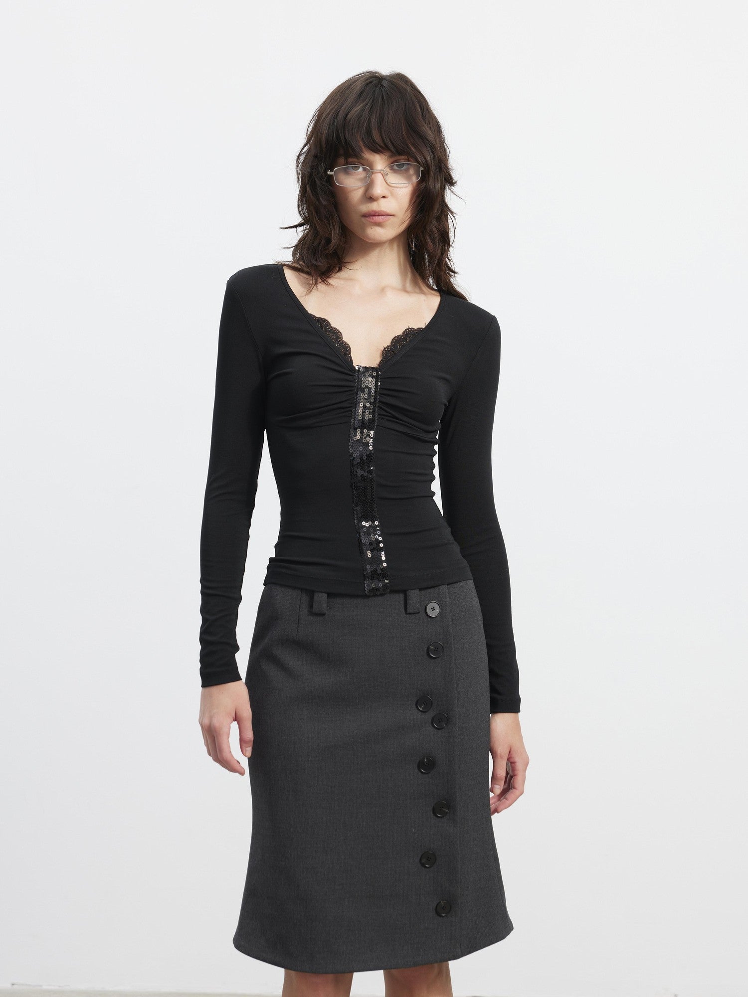 AFTADAWN Sequin Lace Ruched Deep V Slim Women&