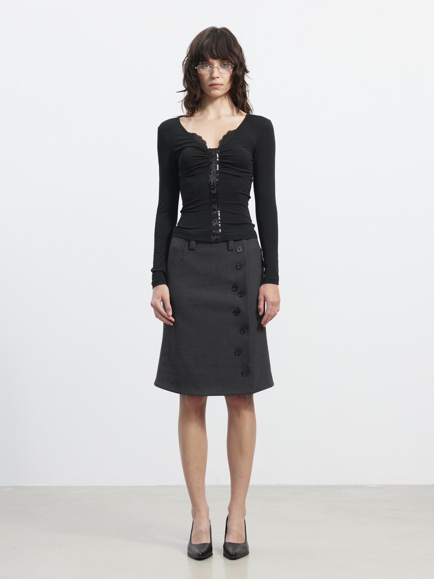 AFTADAWN Sequin Lace Ruched Deep V Slim Women&