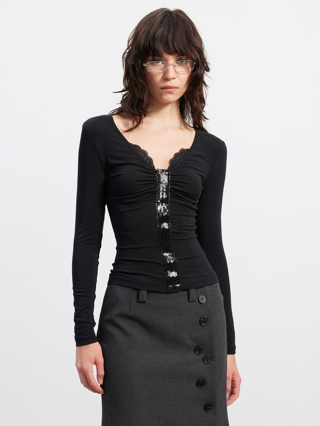 AFTADAWN Sequin Lace Ruched Deep V Slim Women&